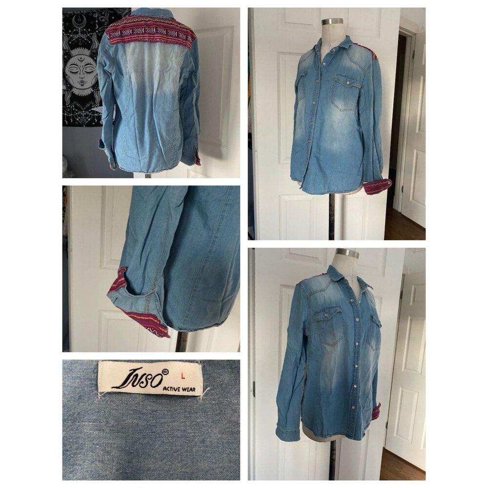 INSO active wear denim chambray button down detailed trim LARGE